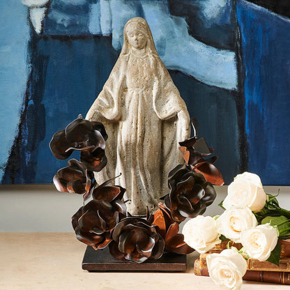St. Theresa Stone on Iron Stand with Forged Roses 17"