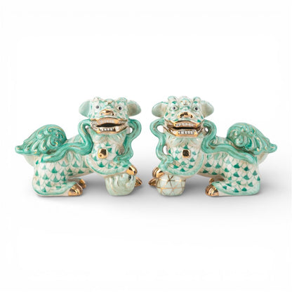 Q Lucky Foo Dogs - Teal Fishnet - 5.5"H - (Set of 2)