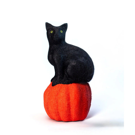 DEK Paper Mache Cat on Pumpkin (BK/OR) 13"