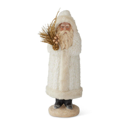 KKI Santa W/ White Fleece Coat Holding Gold Branch - 10"