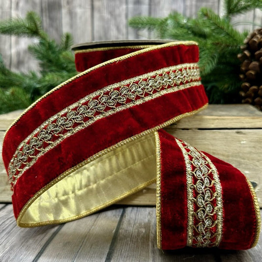 Velvet Embroidery Gold Glitter Center Trim Ribbon - Red 2.5" X 5yds