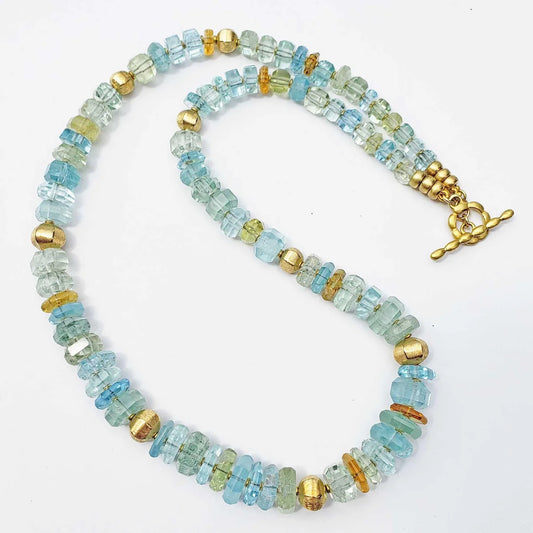 Aquamarine Crystal Necklace with 18kt Gold 17.5"