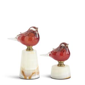 KKI Red Glass Birds on White Marble Base - Set/2