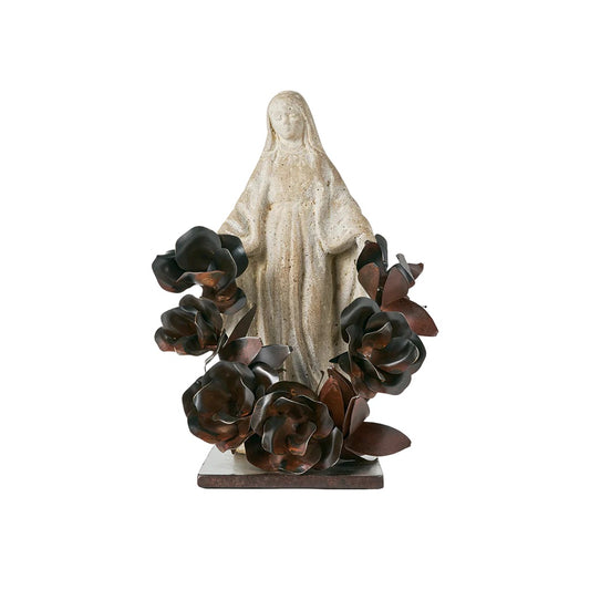 St. Theresa Stone on Iron Stand with Forged Roses 17"