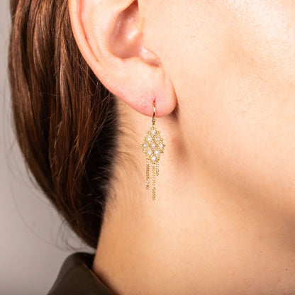 Woven Lattice Silver Diamond Earrings in 18kt Gold