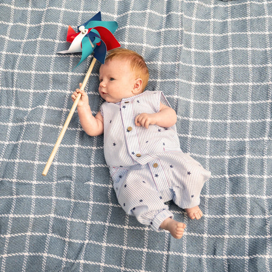 Seersucker Stripe - Stars Pants Magnetic Romper
