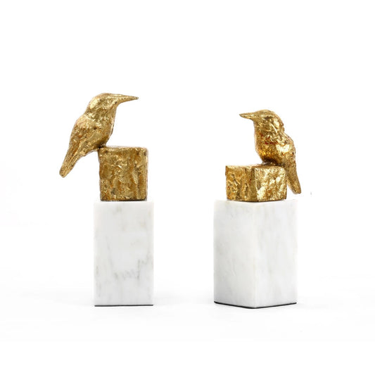 Gold Leaf Finch Statue on Marble Base Pair 2.75W x 2.75D