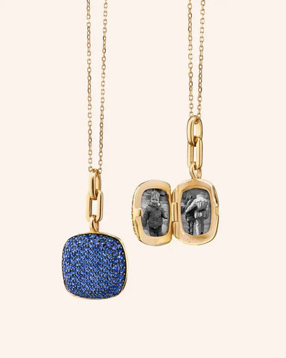 MRK "Rae" Slim Pave Locket Necklace W/ Blue Sapphires - 18KYG