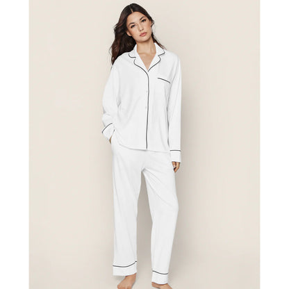 Women's Pima Pajama Set - White with Navy Piping