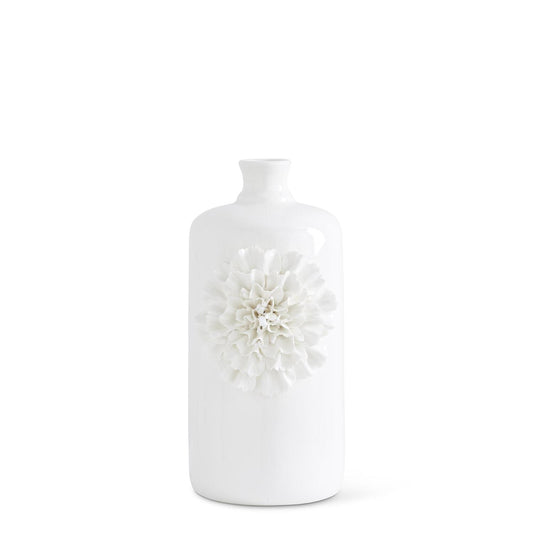 White Ceramic Bottle Vase with Raised Carnation Flower 15"