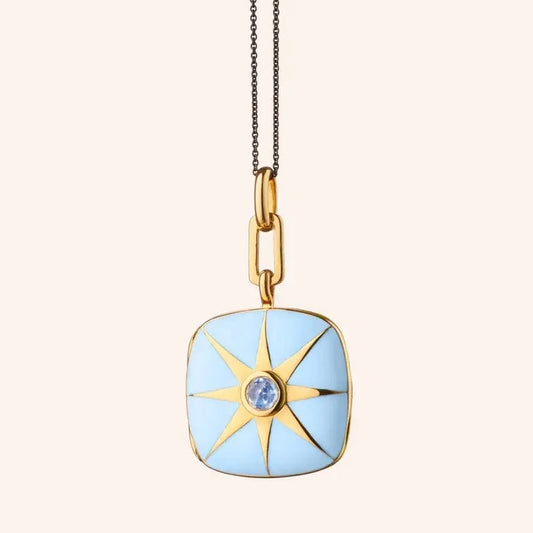 MRK Blue Enamel Sterling Silver & Gold Vermeil Locket Necklace W/ Blue Sapphire