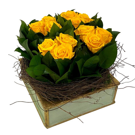 Yellow Roses in Short Green & Gold Container