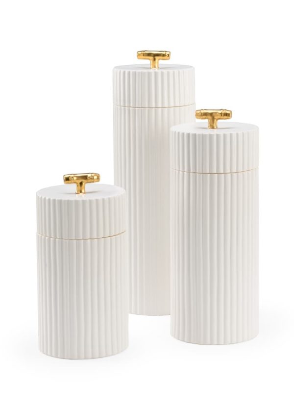 CHH White Ceramic Canister With Metallic Gold Bamboo Handles Medium